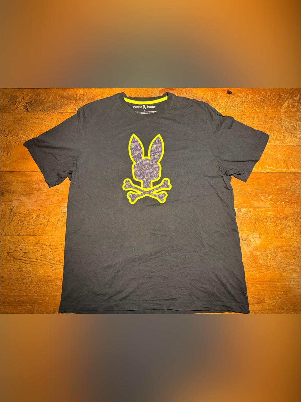 Psycho Bunny Navy Tee with Neon Yellow-Outlined Purple Bunny Logo